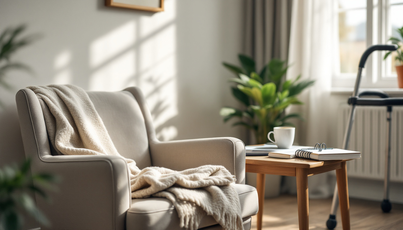 Wohnzimmer mit Hilfsmitteln als Symbol für Entlastung für pflegende Angehörige